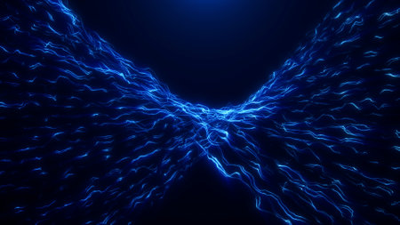 Dynamic blue electric waves forming energetic tunnel. Ideal for technology, science, and digital backgrounds with futuristic atmosphere.の写真素材