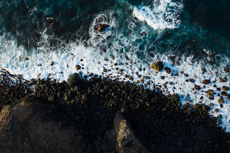 Top down view of the beautiful sea waves coming to the coast, Tenerifeの写真素材