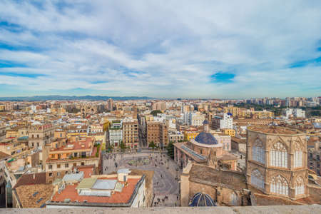 Aerial view of the old town in Valencia from cathedral towerの写真素材