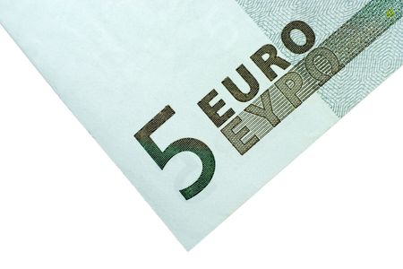 Close-up of 5 Euro bill isolated on a white backgroundの写真素材