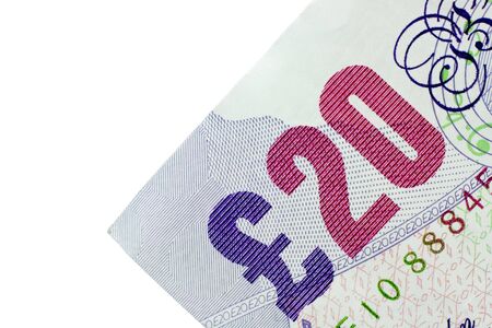 Close-up of 20 Pound note isolated on a white backgroundの写真素材