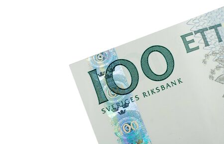 Close-up of 100 Swedish Kronor (SEK) banknote isolated on a white backgroundの写真素材