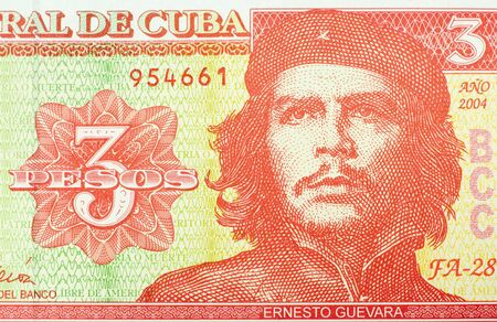 Close-up of three peso banknote from Cuba.  Ernesto "Che" Guevara on the front.の写真素材