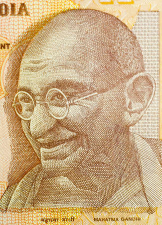 Close-up of ten Indian rupees banknote.  Features Mahatma Gandhi.の写真素材