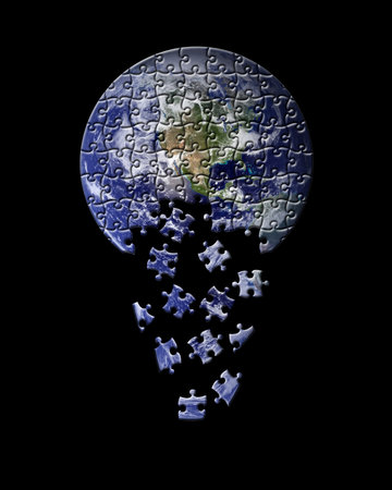Abstraction of the earth as a puzzle with several pieces falling off.  Isolated on a black background.  Earth photo courtesy of NASA visibleearth.nasa.govの写真素材