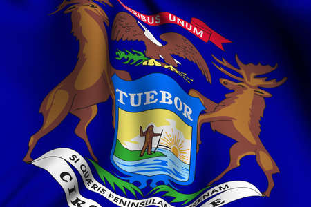 Rendering of a waving flag of the US state of Michigan with accurate colors and design and a fabric texture.の写真素材
