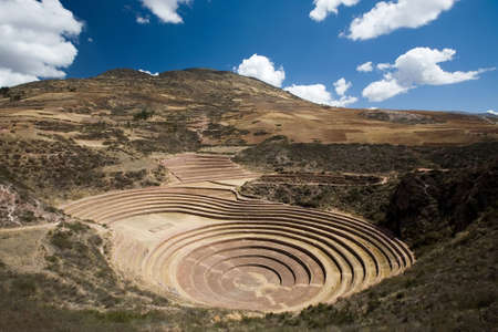 View of the ancient Incan circular terraces near Moray, Peruの写真素材
