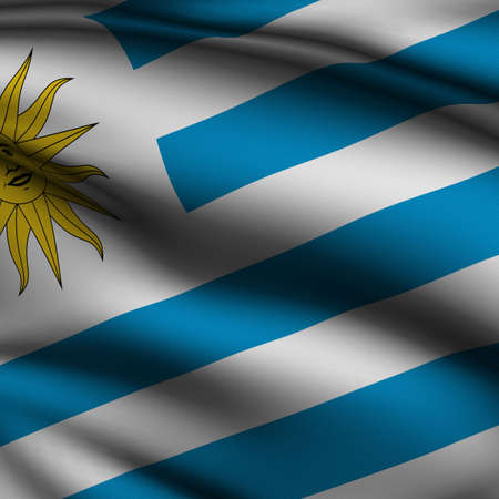 Rendering of a waving flag of Uruguay with accurate colors and design and a fabric texture in a square format.の写真素材