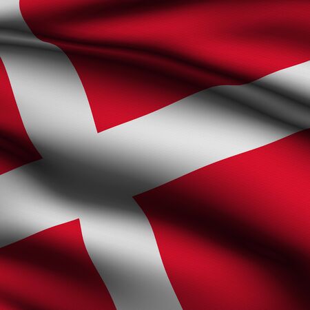 Rendering of a waving flag of Denmark with accurate colors and design and a fabric texture in a square format.の写真素材