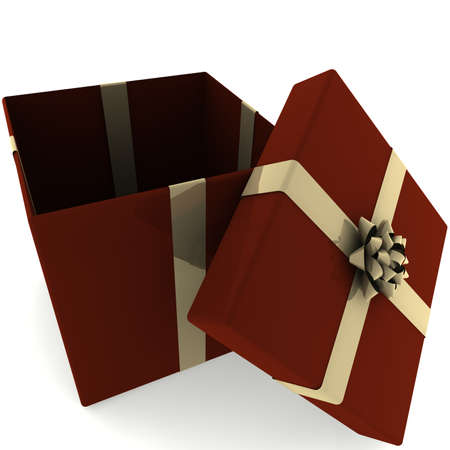 3d rendering of an open red colored present with a gold colored bow.