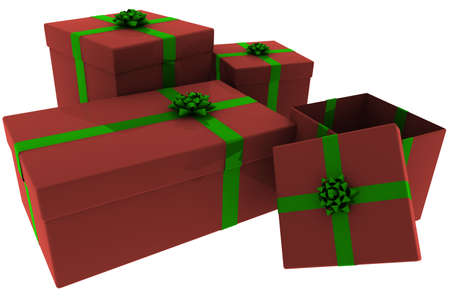 3d rendering of different sized red presents with green bows with one open box isolated on a white...
