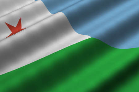Detailed 3d rendering closeup of the flag of Djibouti.  Flag has a detailed realistic fabric texture.の写真素材