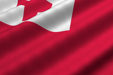 Detailed 3d rendering closeup of the flag of Tonga.  Flag has a detailed realistic fabric texture.の写真素材