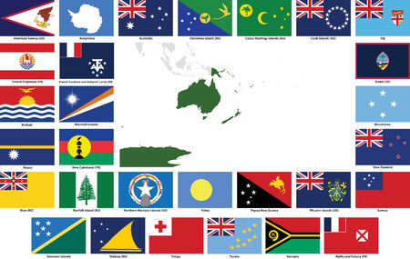 Set of flags and maps of all Oceanian  countries and dependent territories.  All flags have accurate colors and design and are in 3x2 rectangular proportions.  Flags and maps of each country are grouped together for easy usage.のイラスト素材