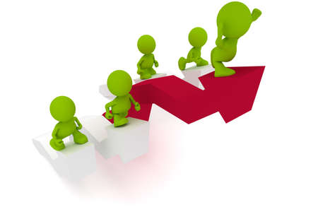 Illustration of people racing up arrows with the winner holding his hands up in victory.  Part of my cute green man series.の写真素材