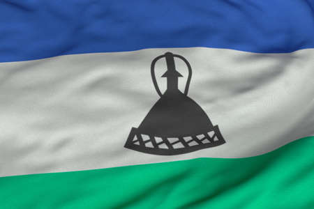 Detailed 3D rendering closeup of the flag of Lesotho.  Flag has a detailed realistic fabric texture and an accurate design and colors.の写真素材