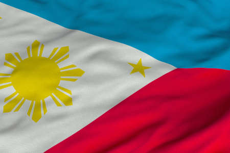 Detailed 3D rendering closeup of the flag of the Philippines.  Flag has a detailed realistic fabric texture and an accurate design and colors.の写真素材