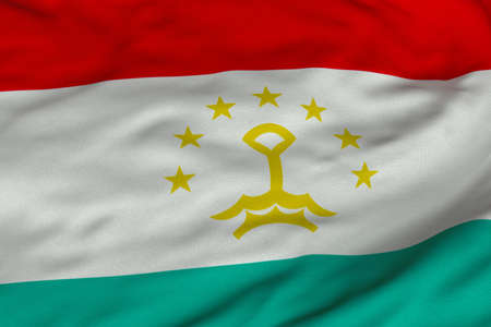 Detailed 3D rendering closeup of the flag of Tajikistan.  Flag has a detailed realistic fabric texture and an accurate design and colors.の写真素材