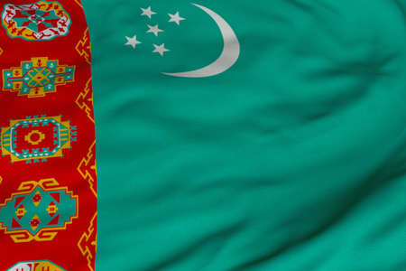 Detailed 3D rendering closeup of the flag of Turkmenistan.  Flag has a detailed realistic fabric texture and an accurate design and colors.の写真素材