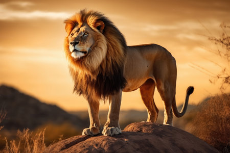 Wild Beauty: Powerful Lion Perched on a Rocky Outcropの素材