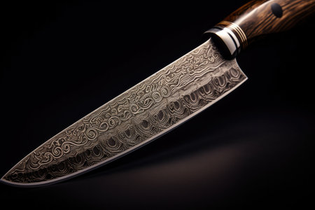 Cutting Edge Beauty: Macro Shot Highlighting the Intricate Design of a Chef's Knifeの素材