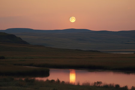 Celestial Elegance: Capturing the Moon Rising Over a Serene Landscapeの素材