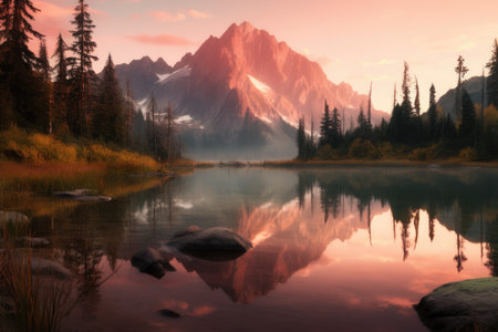 Golden Horizons: Captivating View of a Serene Mountain Landscape at Sunriseの素材