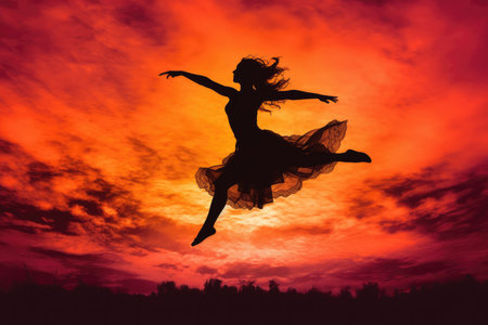 Fiery Passion: Captivating Silhouette of a Dancer Embracing the Sunset Glowの素材