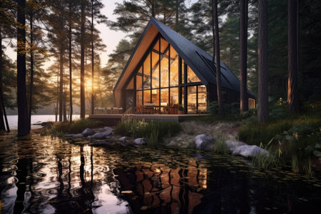 Serene Retreat: Tranquil Lakeside Cabin Nestled Among Tall Pine Treesの素材