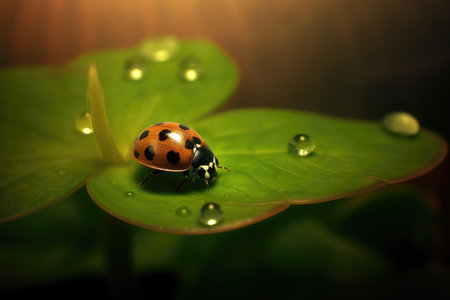 Nature's Charm: Captivating Shot of a Ladybug Perched on a Four-Leaf Cloverの素材