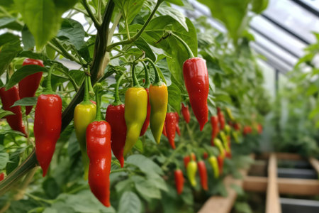 Lush Greenhouse Chili Plants: Growing Vibrant and Flavorful Peppersの素材