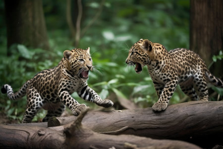 Adorable Jungle Moments: Leopard Kittens Engaging in Playful Behaviorの素材