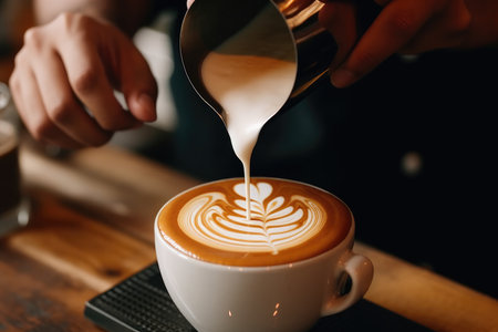 Artful Pour: Skilled Barista Creating Intricate Latte Art in Close-Upの素材