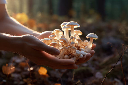 Harvesting Nature's Bounty: Handpicking Mushrooms in Close-up Shotの素材