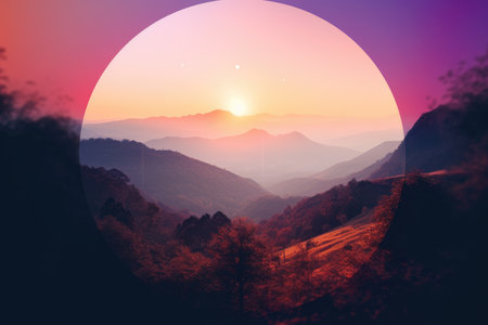 Enchanting Image of a Circular Light Illuminating a Valley with Majestic Mountainsの素材