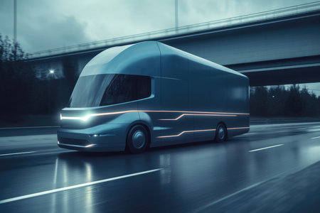 Striking Medium Photo of a Futuristic Electric Truck on the Roadの素材