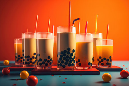 Refreshing Bubble Tea Delights: Colorful Assortment of Flavors and Toppings in Vibrant Cupsの素材