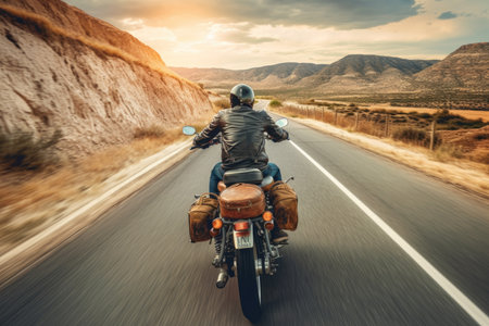 Motorcycle Journey: Striking Backview of a Rider Exploring the Open Roadの素材