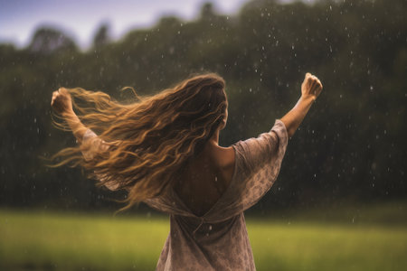Rainy Serenade: Striking Backview of a Person Engaging in a Joyful Rain Danceの素材