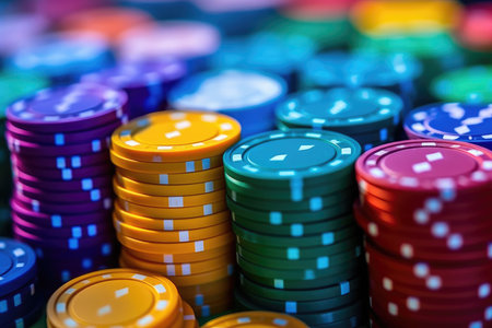 High Stakes: Close Up of Colorful Poker Chips Piled Upの素材