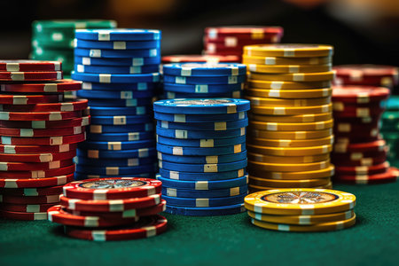 High Stakes: Close Up of Colorful Poker Chips Piled Upの素材