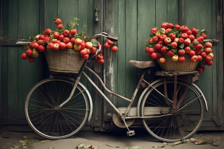 Whimsical Vintage Bike Decorated with Colorful Flowers and Apples - Nostalgic Outdoor Settingの素材