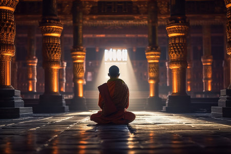 Guru Monk Meditating in the Tranquil Ambiance of the Templeの素材