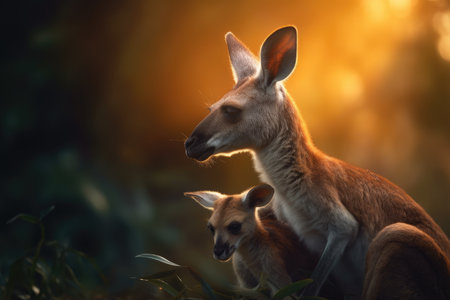 Tender Moments of a Kangaroo and Its Child in a Scenic Sunset Fieldの素材