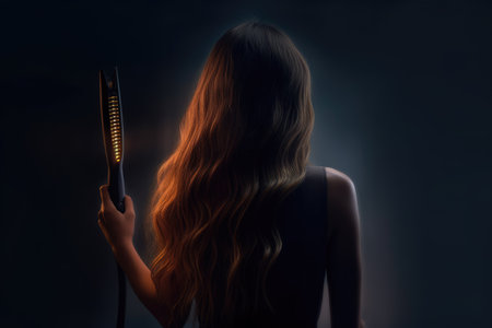 Woman Perfecting Her Look with Hair Straighteningの素材