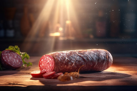 Slicing Fresh Salami in a Wooden tableの素材