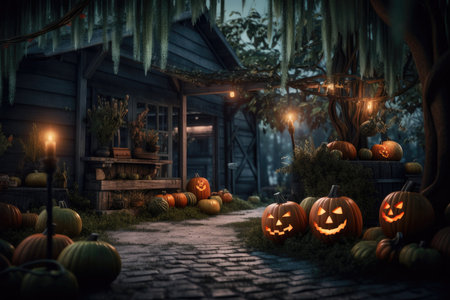 Charming and Eerie Halloween Pumpkins Outside the Houseの素材