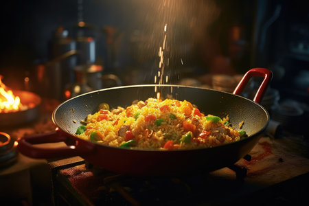 Mouthwatering Delight: Irresistible Fried Rice Sizzling in a Panの素材