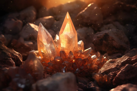 Radiant Sunstone: Glowing Beauty in a Rocky Landscapeの素材