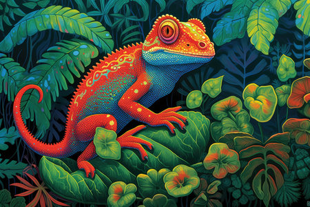 Colorful Gecko Illustration in its Natural Jungle Habitatの素材